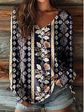 Χαμηλού Κόστους Boho t-shirt-Γυναικείο T-Shirt Boho Λουλουδάτο Γραφικό Φυτά Vintage Στυλάτο Casual Μακρύ Μανίκι V Neck Κανονικά Μπλουζάκια Καθημερινά Σαββατοκύριακο Ρούχα Παραλίας Εκτύπωση Γκρι Μαύρο Μπεζ Καλοκαίρι Άνοιξη