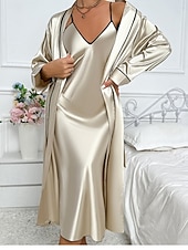 preiswerte Bademäntel für Damen-Damen Robe Nachthemd Schlafanzug Set Lässig Komfort Einfarbig Elastischer Bund Täglich Heim Langarm Träger Rosa Khaki Sommer Frühling Normale Passform