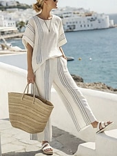 cheap Sets-Women's Linen-feel Set Pants Sets Bolero 3/4 Length Sleeve Crew Neck Striped Fashion Streetwear Casual Daily Outdoor Blue Black White Summer Loose Fit