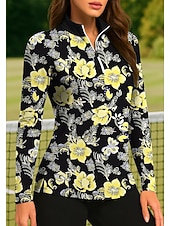 Недорогие Женская рубашка-Жен. Растения Цветочные тропический Цветочные ботанический Топы Футболка-поло Теннисная рубашка Длинный рукав С принтом Четверть молния Pullover УФ-защита Эластичный Дышащий Теннис Гольф Пиклбол