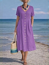 tanie Podstawowe sztuczne sukienki-Damskie Sukienka midi Sztuczna bawełna len Sukienka A line Codzienny Codzienny Regularny Równina Krótki rękaw W serek Niebieski Czarny Biały Wino Lato Wiosna