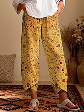 cheap Graphic Pants-Women's Slacks Cropped Pants Vacation Vintage Casual Ankle-Length High Waist Graphic Geometric Pattern Abstract Elastic Waistband Comfy Comfort Breathability Inelastic Daily Outdoor Street Yellow Pink