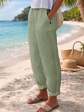 Недорогие Роскошные брюки-Жен. Брюки из хлопка и льна Чино Летние штаны Отпуск Уличный стиль Классический Полная длина Нормальная Полотняное плетение Карман удобный Легкость Дышащий Неэластичная