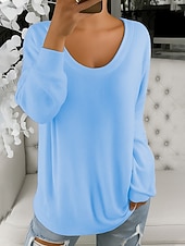 abordables T-shirt uni-T-shirt pour femmes décontracté doux couleur unie côtelé col en V tricoté manches longues réguliers tricot quotidien extérieur week-end bleu blanc printemps automne