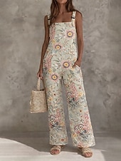 abordables Combinaison Florale-Salopettes en coton 100 % pour femmes actives florales sans manches larges à col carré avec poche vacances quotidien plage coupe ample bleu rose vert été