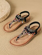 preiswerte Flache Sandalen-Braune Damen-Sandalen im Boho-Stil mit T-Riemen und bunten Perlenanhängern – Vintage-Ethno-Stil, bequeme flache Schuhe für Strandurlaube und Sommerresorts
