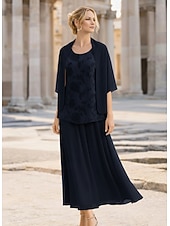 cheap Mom's Dress Sets-3 Piece Tea Length Midi Dress Mother of the Bride Dress Long Sleeve Scoop Neck Elegant Vintage Formal Wedding Guest Semi Formal Chiffon Jacquard Wrap Included with Cape Flower