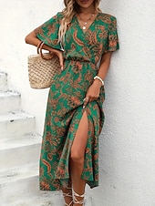 economico Abiti casual floreali-Per donna Abito Lungo Maxi Abito Abito Floreale Abito Boho Elegante Moda Moderno Quotidiano All'aperto Vacanza Vestibilità regolare Floreale Manica Corta Scollo a V Viola Verde Estate Primavera