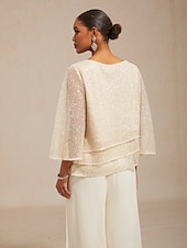 cheap Lace Tops-Women's Blouse Lace Tops Sequins Illusion Solid Color Elegant 3/4 Length Sleeve Bell Sleeve Crew Neck Daily Wedding Guest Vacation Wear Beige Summer Spring Fall