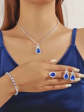 halpa Häät ACC-Naisten metalliseoskorusetti, "jotain sinistä" pisarakoru, korvakorut, sormus ja rannekoru, elegantti kimalteleva tyyli morsiamiin, häihin, cocktail-juhliin ja muodollisiin tilaisuuksiin