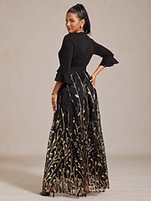 ieftine Rochii cu paiete-Pentru femei Rochie Maxi Rochie A line Rochie din Tul Elegant Serată Petrecere Paiete Brodat Fit regulat Frunză Lungime Manșon 3/4 În V Negru