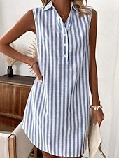 economico Abito a Strisce e Geometrico-Per donna Mini Abito Abito Camicia Moda Moderno Vacanza Uscire Weekend Vestibilità comoda A righe Senza Maniche Colletto a Camicia Blu Nero Vino Verde Estate Primavera