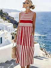 billiga Randiga och geometriska klänningar-Kvinnors Midi Klänning Linne Likt Sommardress Skift Klänning Semester Avslappnad Strand Utgång Regelbunden Passform Grafisk Geometrisk Ärmlös Rund Hals Blå Gul Röd Sommar Vår