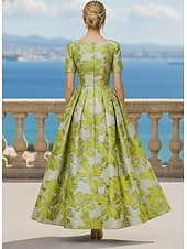  A-linje Gulvlengde Cocktailkjoler Elegant Årgang Blomster Kortermet Crew-hals Hage fest Bryllup Lomme Jacquard med Blomstertrykk Plissert Lomme