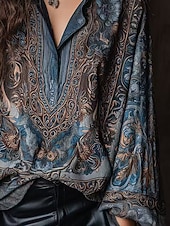 abordables Blusas Florales-Mujer Camisa Camisa casual Cachemir Vintage Elegante Clásico Manga Larga Escote en Pico Tops regulares Diario Festivos Noche Azul Piscina Primavera Otoño