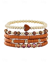 お買い得  レディースブレスレット-女性用ボヘミアンアクリルビーズブレスレットセット、ハートチャーム付きマルチカラーストレッチバングル、バレンタインデーのギフトや普段使いに最適な軽量重ね付け可能なブレスレット