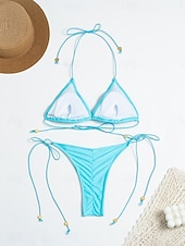 preiswerte Bikini-Sets-Damen Badeanzug Bikini Zweiteilig Tanga Bademode Schlank Rückenfrei Urlaub Strandbekleidung Einfarbig V Ausschnitt Ärmellos Badeanzüge