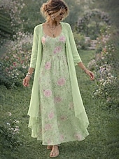 abordables Vestido Floral-Mujer Conjunto de vestido Vestido de una línea Vacaciones Boho Floral Graphic Multi capa Estampado Vestido maxi Manga Larga Escote en Pico Diario Vacaciones Amarillo Rosa Verde Trébol Verano Primavera