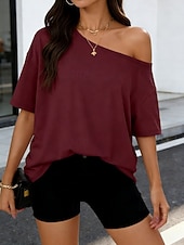 tanie gładka koszulka-Damskie Podkoszulek Jednokolorowe Elegancki Codzienny Krótki rękaw zimne ramię Długie topy Codzienny Wyjściowe Niebieski Czarny Biały Rumiany róż Wino Lato Wiosna