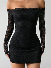 economico miniabito nero-Per donna Abito Lungo Maxi Abito Mini Abito Abito nero Abito in Pizzo Vestito Casual Moda Romantico Moderno Quotidiano Vacanza Feste Vestibilità regolare Semplice Manica Lunga Senza Spalle Nero