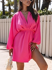 preiswerte Weiße Freizeitkleider-Damen Minikleid Weißes Kleid Mode Modern Outdoor Strand Urlaub Normale Passform Einfach Kurzarm V Ausschnitt Schwarz Orange Khaki Rosenrot Sommer Frühling Herbst