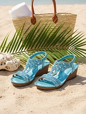 economico Sandali con zeppa-sandali con zeppa boho da donna color cielo con decorazioni floreali in cristallo – eleganti sandali con cinturino a T e strass per vacanze al mare, resort esotici &amp;viaggiatori eleganti