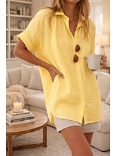abordables Camisas-Mujer Camisa Algodón Compuesto camisa boho Abotonar Plano Casual Estilo playero Manga Corta Cuello Camisero Tops regulares Negro Blanco Amarillo Rosa Azul cielo Verano
