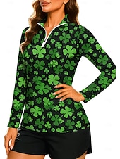 abordables Chemise pour femmes-Saint Patrick Femmes Dégradé Trèfle Sweat-shirt Sweat-shirt polo Hauts Chemise manche longue Fermeture éclair Imprimé Quart de zip UPF50+ Résistant aux UV Élastique Respirant Volley-ball Tennis Le