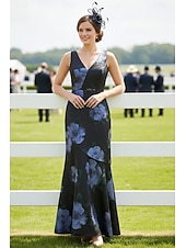 economico Lunghezza del pavimento-Sirena Tromba Lunghezza al pavimento Abito da invitata a nozze Abito Derby Abito da sera Abito da cerimonia per signora Senza Maniche Scollo a V Elegante Ospite di nozze Derby del Kentucky Raso con