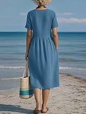 tanie Podstawowe sztuczne sukienki-Damskie Sukienka midi Sztuczna bawełna len Sukienka A line Codzienny Codzienny Regularny Równina Krótki rękaw W serek Niebieski Czarny Biały Wino Lato Wiosna