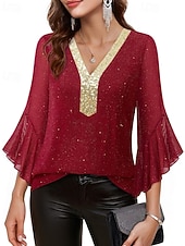 baratos Blusas Elegantes-Mulheres Blusa Tops de lantejoulas Patchwork Bloco de cor à moda Moderno Manga 3/4 Sino Decote V Tops regulares Diário Feriado Para Noite Azul Preto Vermelho Verde Verão Primavera