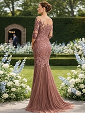 tanie Suknie wieczorowe syrenki-Syrena Tren sweep Suknia Suknia wieczorowa Sukienka dla matki panny młodej Rękaw 1/2 Łódeczka Elegancja Formalny Gość weselny Koronka Tiul z Haft nakładany