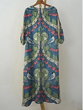 Χαμηλού Κόστους Floral φορέματα-Γυναικείο Μακρύ Φόρεμα Λινάρι Τόσο Αναπνεύσιμη Ελαφριά Σαλοπέτα Άμεσου Στυλ Καλοκαιρινό Φόρεμα Διακοπών Καθημερινό Μποχό Παραλία Διακοπές 3/4 Μανίκι Λαιμός Φαρέτρα