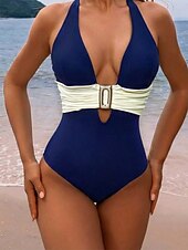 levne Jednodílné-Dámské Plavky Jeden kus Vysoký pas Plavky Nabírané šaty Slátanina prázdniny Vinobraní Bez vzoru Do V Bez rukávů Plavky