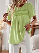 cheap Plain Blouses-Women's Summer Shirt Casual Shirt Blouse Lace Trim Solid Color Vacation Stylish Casual Short Sleeve Crew Neck Regular Tops Daily Beach Holiday Blue Black White Pink Red Summer Spring