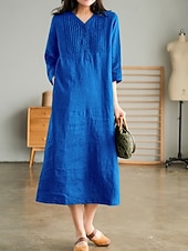 economico Vestiti-Per donna Abito Midi Abiti effetto lino Abito a Tubino Abito Estivo Casual Quotidiano Vestibilità comoda Semplice Manica 3/4 Scollo a V Blu Arancione Verde Beige Estate Autunno