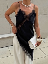 abordables Plain Dress-Women's Mini Dress Black Dress Lace Dress Slip Dress Elegant Fashion Classic Daily Outdoor Beach Loose Fit Plain Sleeveless V Neck Light Yellow Black Brown Beige Summer Spring