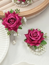 cheap Wedding Accessories-Women's Bridesmaid and Groomsman Corsage and Boutonniere Set, Available in Multiple Colors, Polyester Material, Perfect for Weddings and Parties