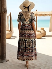 preiswerte Kunst &amp; Design Kleider-Damen Midikleid A Linie Kleid Lässig Täglich Normale Passform Blumen Abstrakt Kurzarm V Ausschnitt Schwarz Weiß Leicht Braun Orange Sommer Frühling