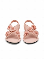 cheap Bridesmaid-Women's Blush Pink Floral Flat Sandals, Soft Ankle Strap Bridesmaid Shoes for Beach Wedding Ceremonies