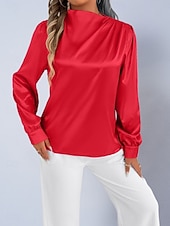 voordelige Chique Blouses-Dames Overhemd Satijnen overhemd Normaal shirt Met ruches Effen Stijlvol Basic Klassiek Lange mouw Hoge nek Normale tops Dagelijks Feestdagen Uitgaan Zwart Wit Wijn Rood Lente Herfst