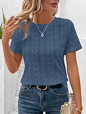 economico T-shirt semplice-Per donna T-shirt con ricamo a occhielli Tinta unica Vintage Elegante Casual Manica Corta Scollo a V Top Regolari Quotidiano Uscire Nero Bianco Blu turchese Estate Primavera
