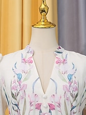  A-Line Knee Length Wedding Guest Dress Wedding Guest Dresses Elegant Daily Long Sleeve V Neck Garden Party Wedding with Floral Print Print Strappy
