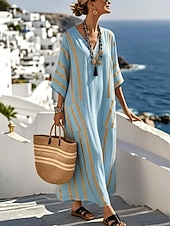 preiswerte Streifen- und geometrische Kleider-Damen Maxikleid Leinenähnlich Atmungsaktiv Leicht Strandkleid A-Linie Kleid Urlaub Lässig Boho Strand Ausgehen Lockerer Sitz Grafik Geometrisch Langarm V-Ausschnitt Blau Schwarz Weiß Sommer Frühling
