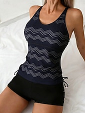 abordables Tankinis-Mujer Bañadores Tankini 2 piezas Alta cintura Traje de baño Control de barriga Alta cintura Delgado Espalda al Aire Vacaciones Ropa de playa A Rayas Geométrico Escote en U Sin Mangas Trajes de baño