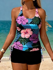 baratos Tankinis-Mulheres Roupa de Banho Tankini 2 partes Cintura Alta roupa de banho Compressão abdominal Cintura Alta Delgado Frente Única Férias Roupa de Praia Floral Decote U Sem Manga Fatos de banho