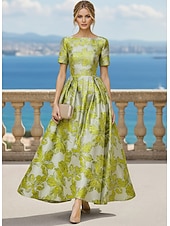  A-linje Gulvlengde Cocktailkjoler Elegant Årgang Blomster Kortermet Crew-hals Hage fest Bryllup Lomme Jacquard med Blomstertrykk Plissert Lomme