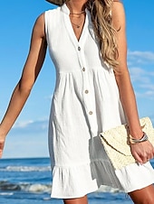 tanie Sukienki plażowe-Damskie Sukienka mini Biała sukienka sukienka plażowa Cover Up Elegancja Zabytkowe Moda Codzienny Na zewnątrz Plaża Luźna Równina Bez rękawów W serek Biały Lato Wiosna