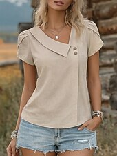 abordables Blusas Sencillas-Mujer Camisa de verano Camisa casual Blusa Botones Color sólido Elegante Casual Manga Corta Escote en Pico Tops regulares Diario Playa Festivos Negro Rojo Azul Marino Verde Trébol Albaricoque Verano
