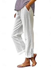 billiga Väsentliga Falska Bottnar-Dam Byxor av linne i bomull Kinesiska Semester Streetwear Grundläggande Fullängd Medium Midja Slät Ficka Elastisk midja Bekväm Komfort Oelastisk Dagligen Utomhus Semester Grå Svart Vit Armégrön